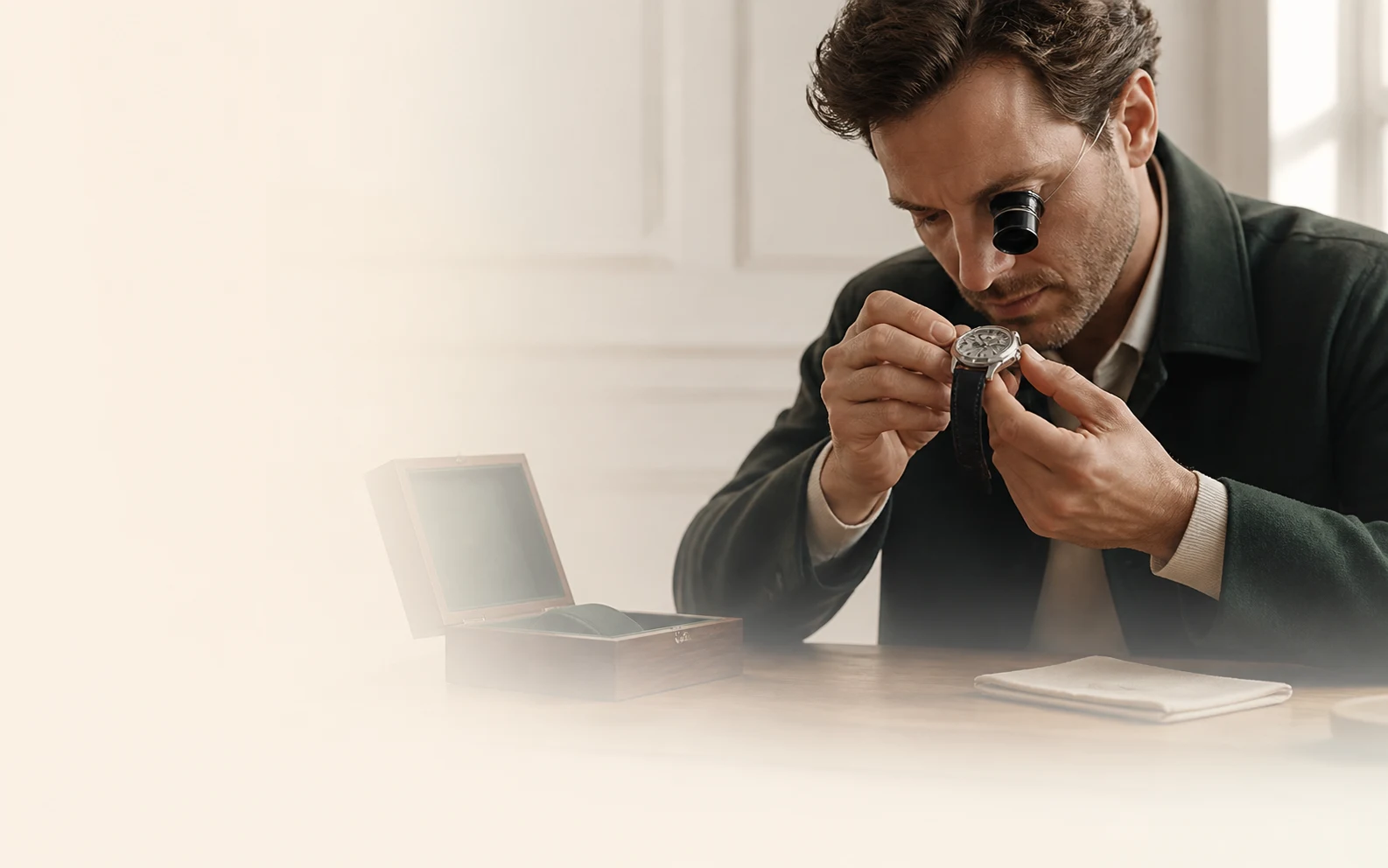 Horloger vérifiant une montre d’occasion et ses documents