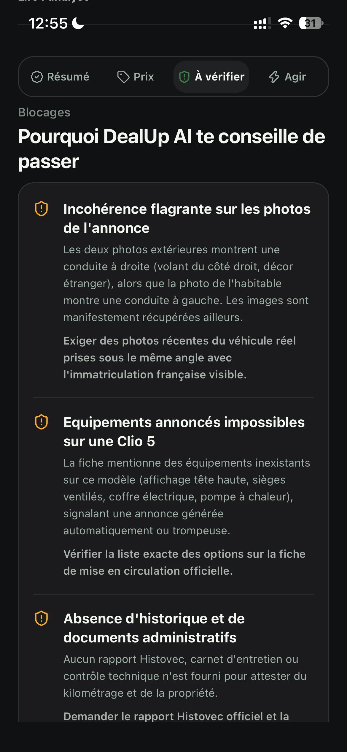 Vérifications prioritaires d’un rapport automobile DealUp AI