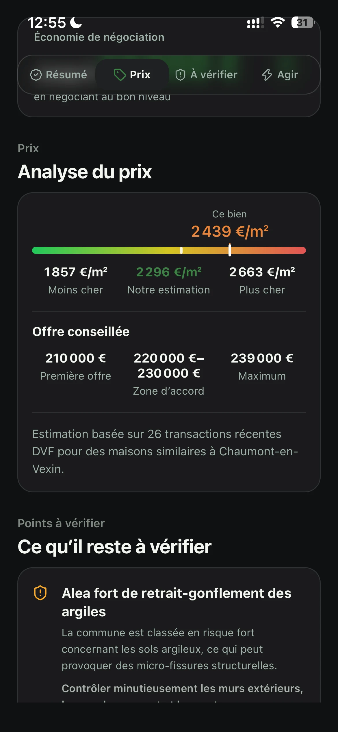 Analyse du prix immobilier DealUp AI avec estimation du marché et offre conseillée