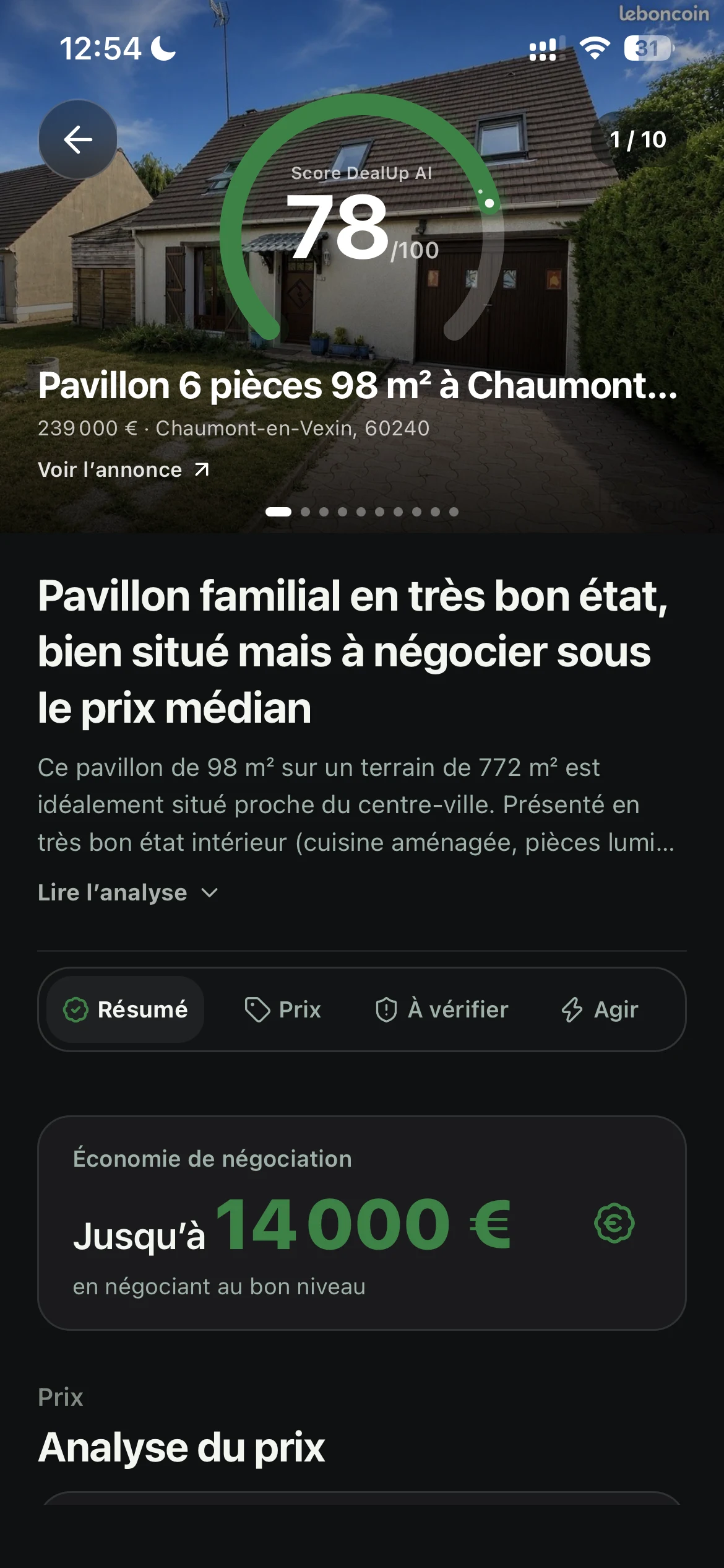 Résumé d’un rapport immobilier DealUp AI avec la photo de l’annonce, le score et le verdict