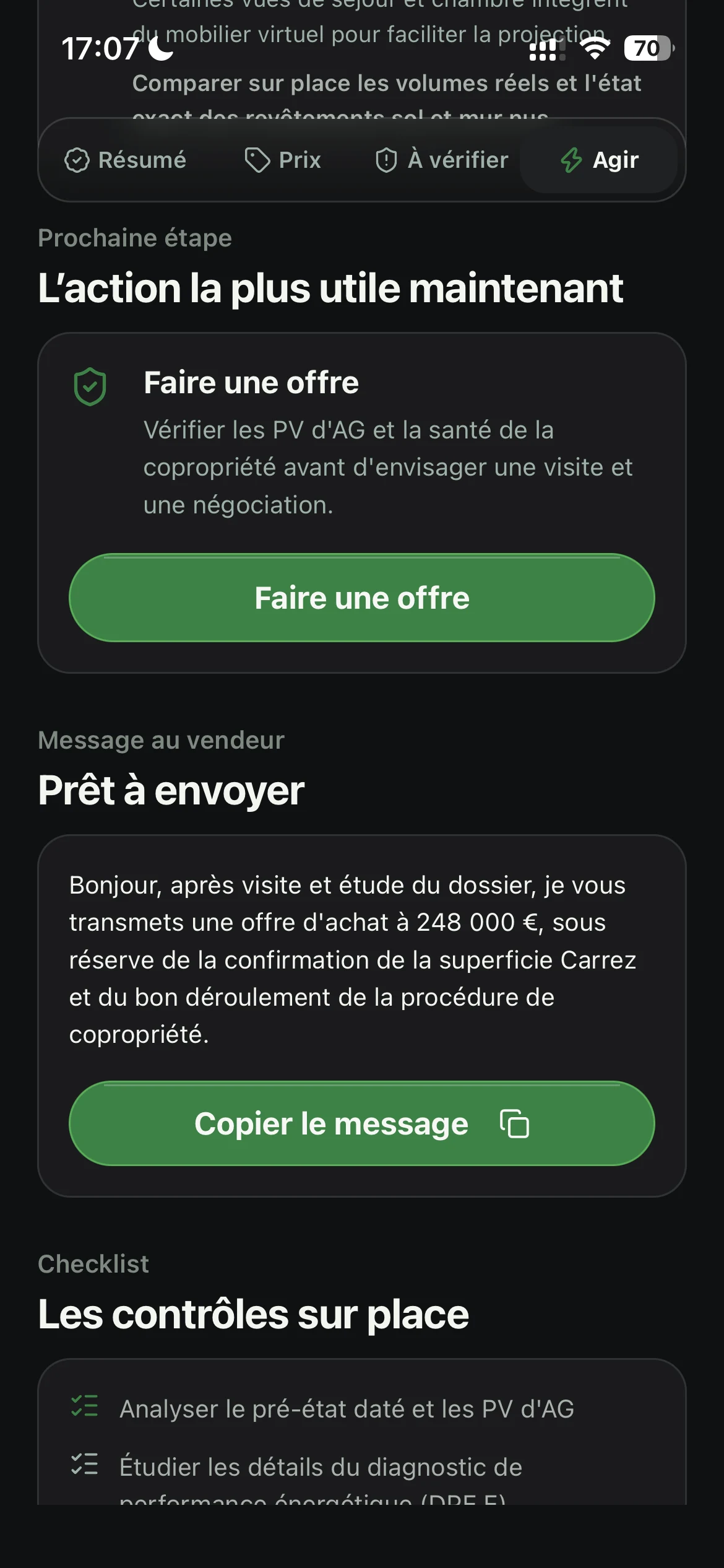 Prochaine action, message au vendeur et checklist immobilière