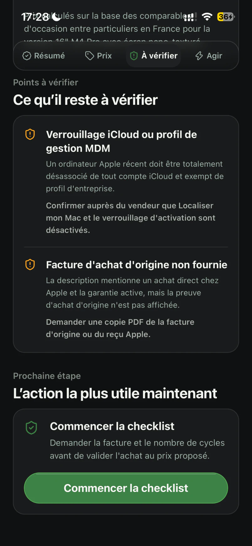Vérifications préparées avant une commande d’occasion
