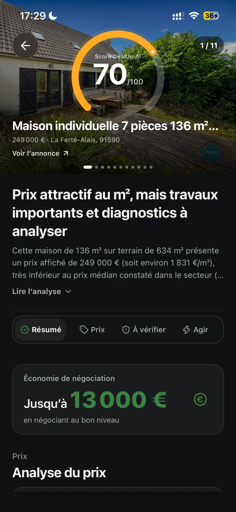 Verdict immobilier dans DealUp AI