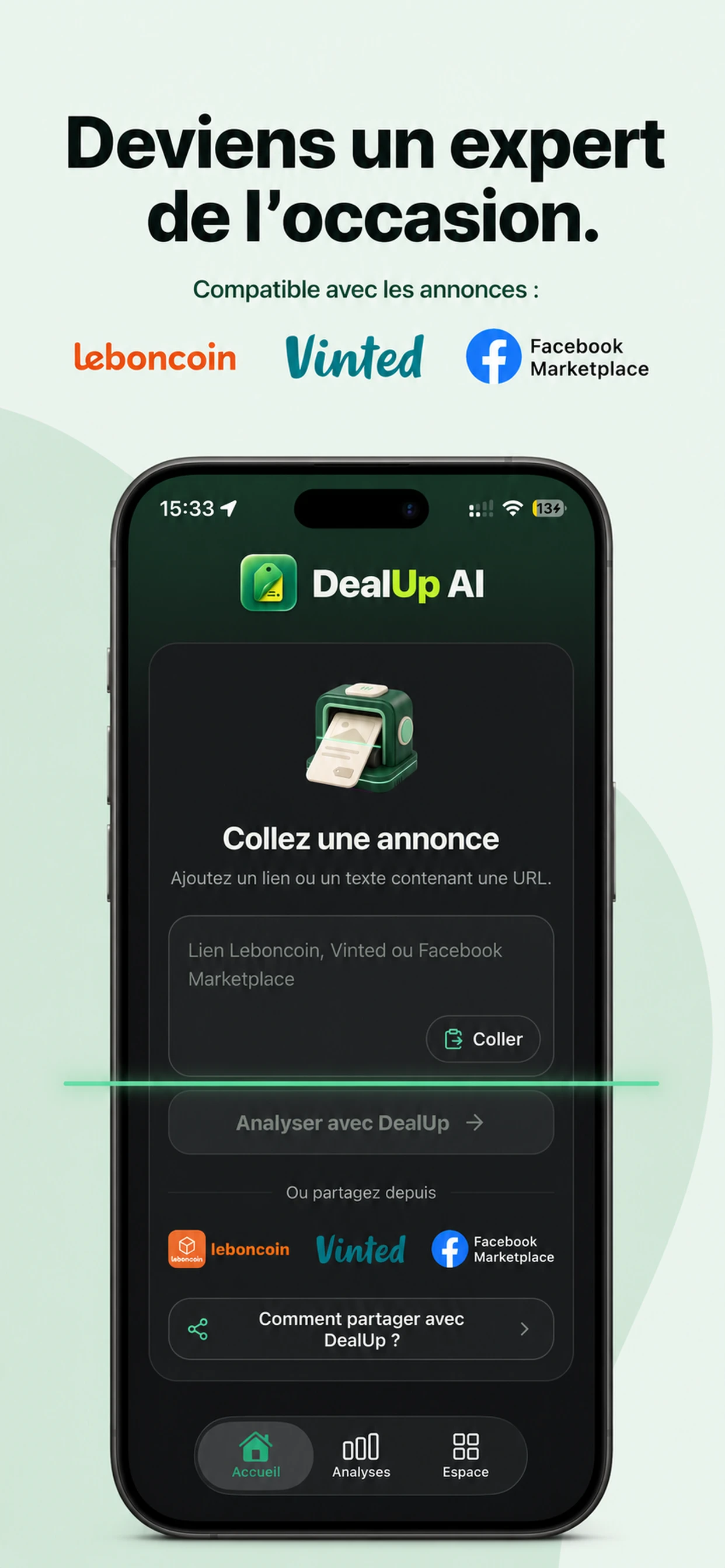 DealUp AI permet de coller ou partager une annonce Leboncoin, Vinted ou Facebook Marketplace