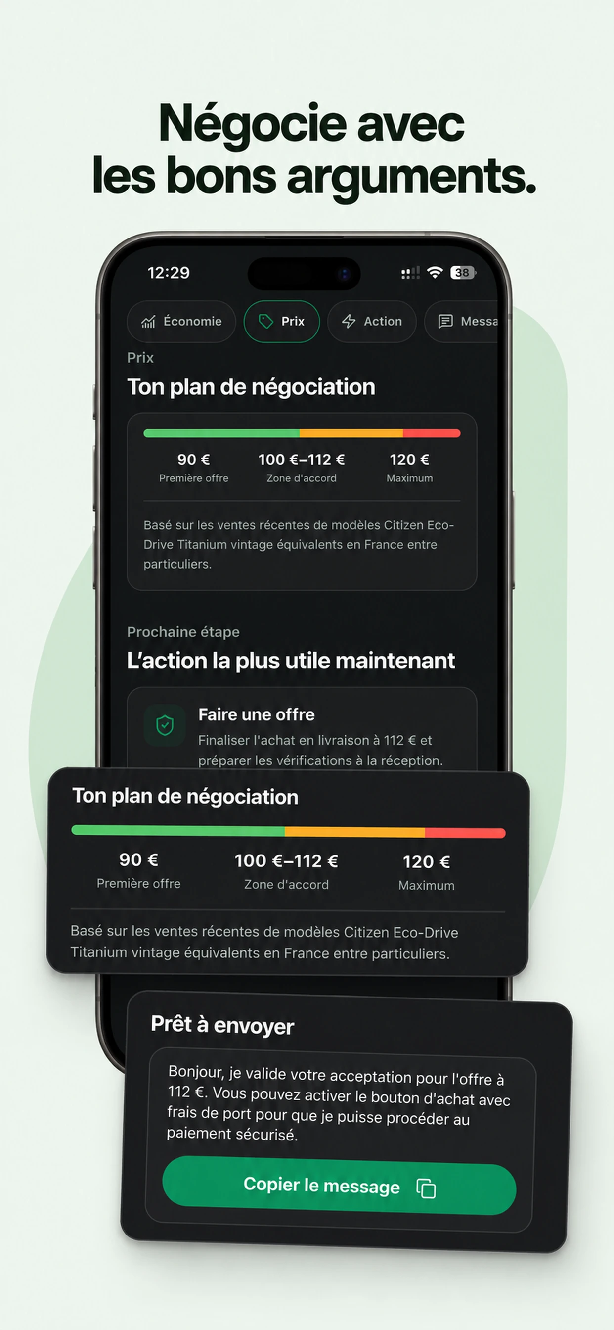 Exemple de plan de négociation et message vendeur dans DealUp AI