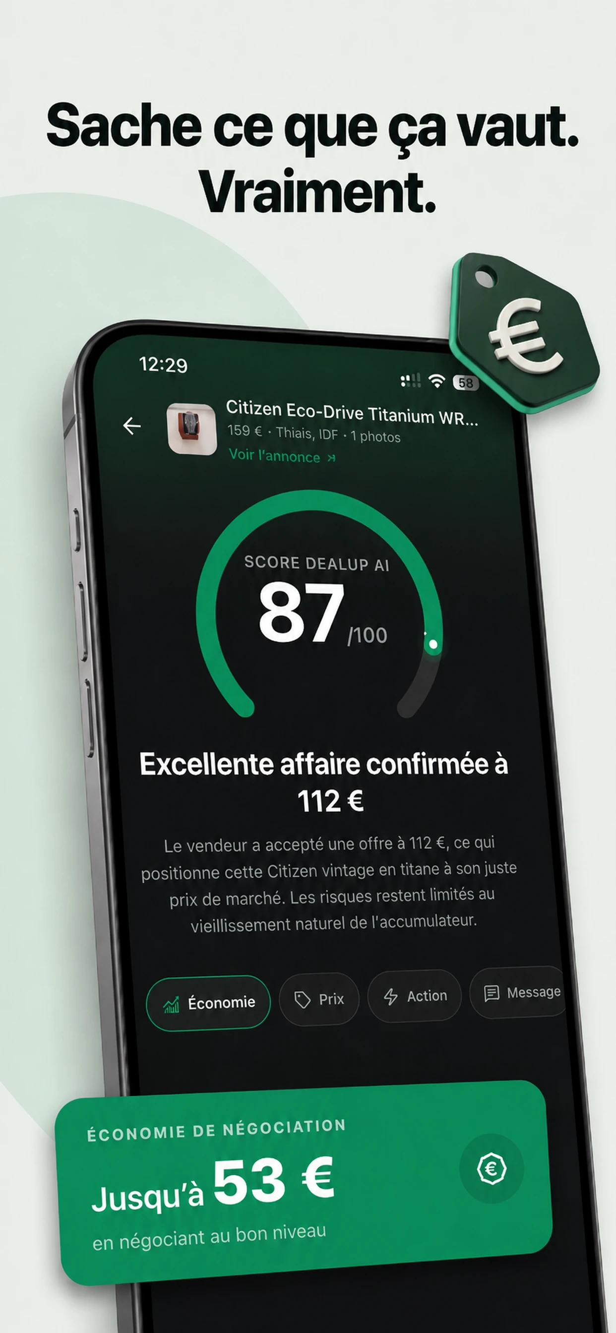 DealUp AI affiche le score, le prix juste et l’économie de négociation